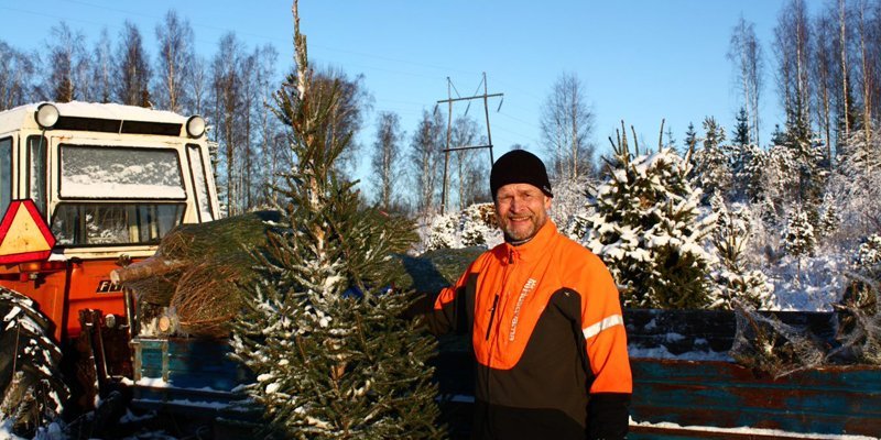 Antti Heikkilä joulukuusen kanssa talvella. Taustalla on pieni traktori ja sähkölinja. 