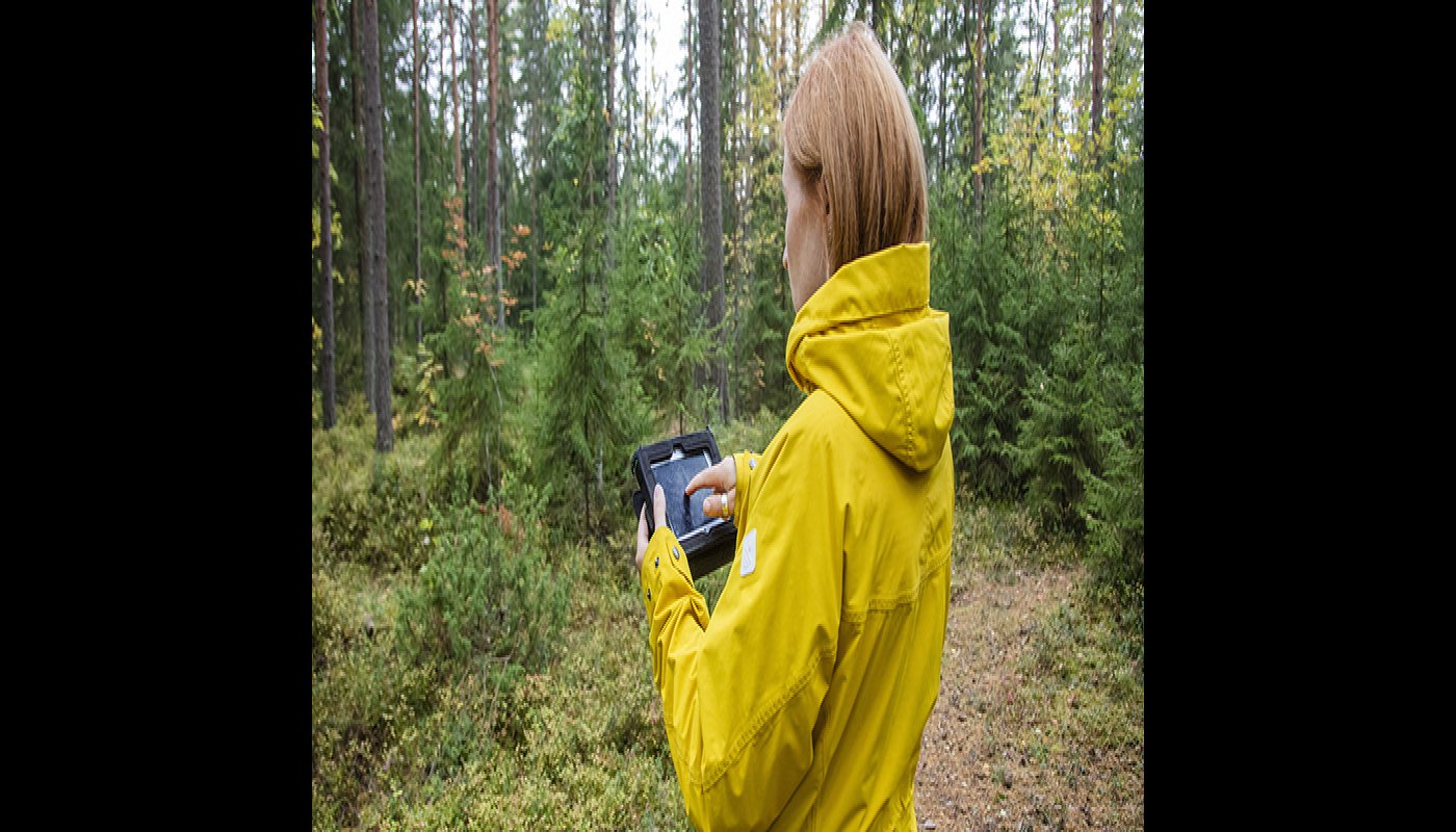 Keltatakkinen nainen katsoo metsässä tabletilta tietoja. 