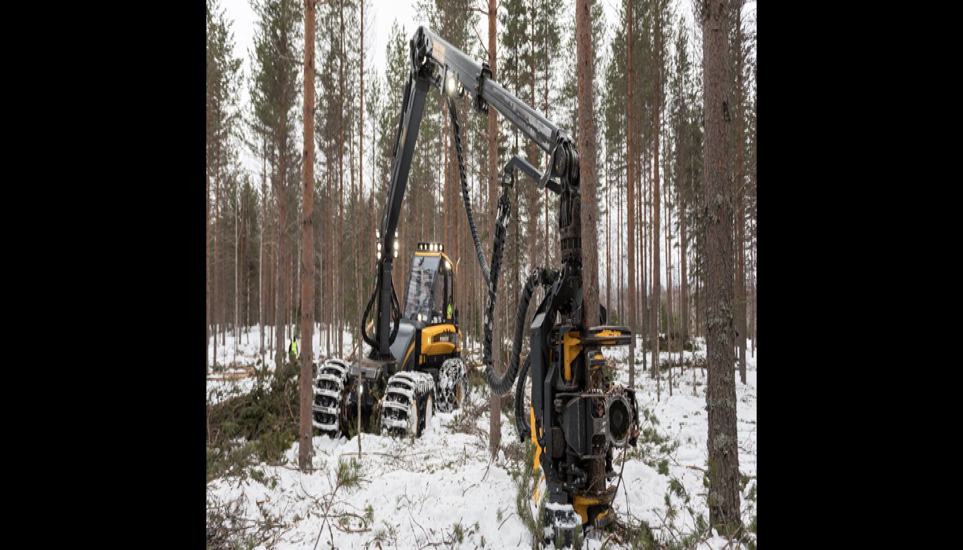 Hakkuukone tekee talvisessa metsässä harvennushakkuuta. 