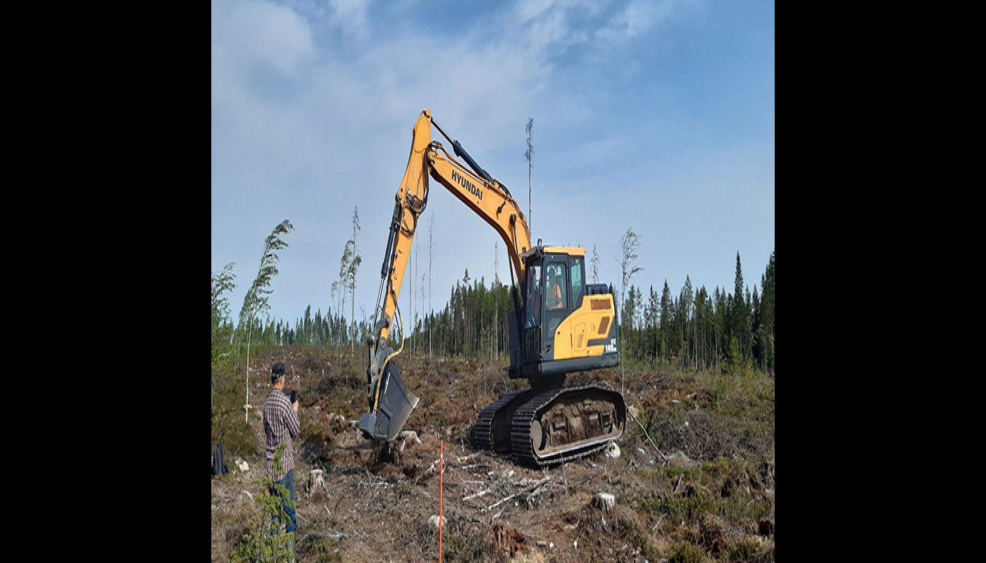Metsäkylvökauha on kiinnitetty kaivinkoneeseen ja tekee kylvöä   hakkuuaukealla. Vasemmalla henkilö ottaa kuvaa koneesta.