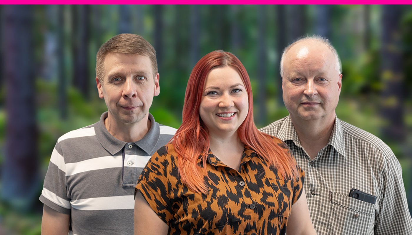 Metsänomistaja Rami Mattila, Mättäällä-podcastin juontaja Sara Perttunen ja Luonnonvarakeskuksen tutkija Antti Wall.