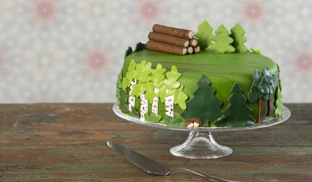Juhlakakussa on vihreä marsipaanikuorrutus. Kakku on koristeltu marsipaanista tehdyillä kuusi- , mänty- ja koivukuvioilla. Marsipaanista on tehty kakun päälle koristeeksi myös tukkipino. 