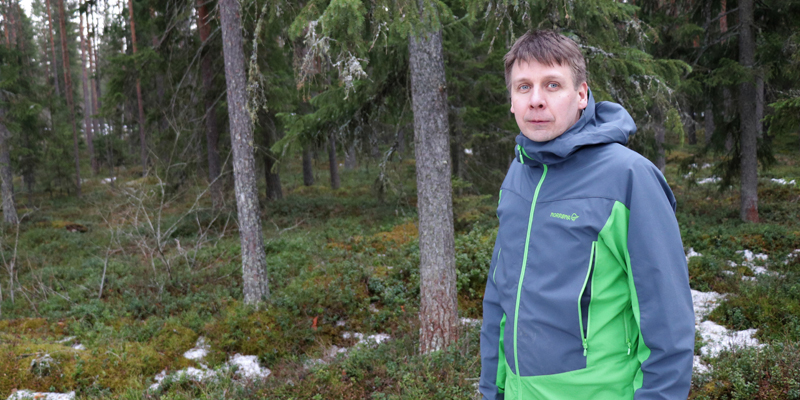 Rami Mattila seisoo omassa metsässään. Taustalla on kuusia ja varvikkoa sekä maassa on hieman lunta.