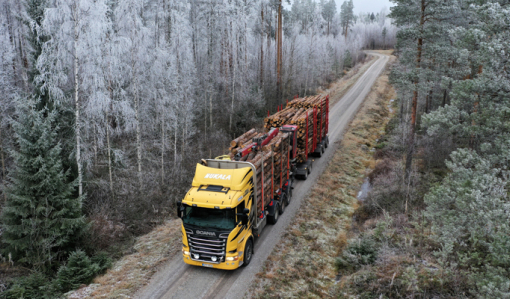 Tukkirekka kuvattuna ylhäältäpäin. Rekassa on keltainen ohjaamo ja se on täydessä kuormassa. Metsätien ympärillä on kuuraisia puita.