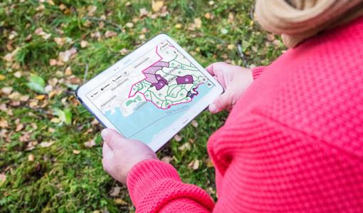 Henkilö tutkii Metsään.fi-palvelua tabletilla.
