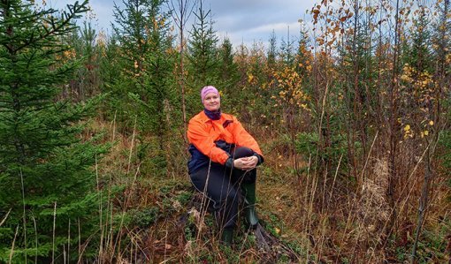 Kaisa Laitinen istuu kannolla syksyisessä taimikossa.