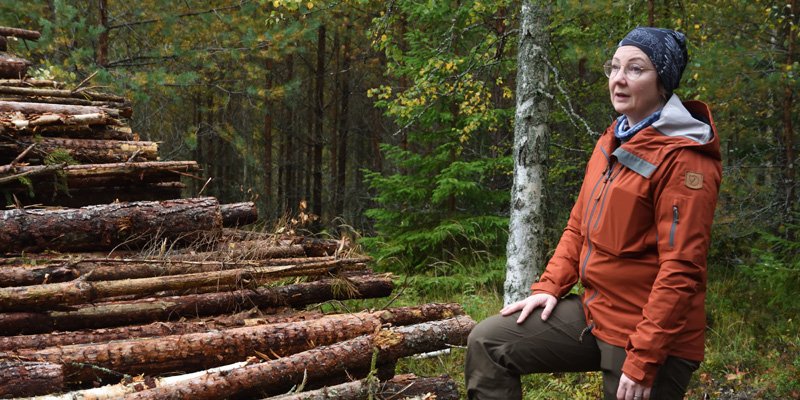 Marika Hänninen energiapuukasan vieressä.