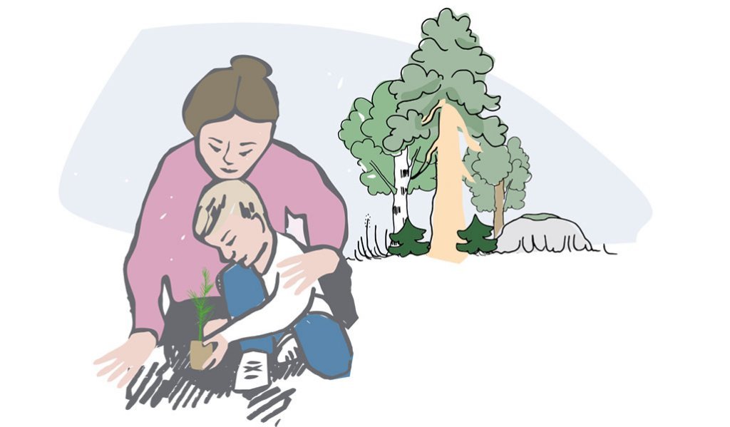 Piirroskuvituskuvan etualalla ovat äiti ja lapsi, jotka istuttavat yhdessä puuntaimea. Piirroksen taka-alalla on metsää. 