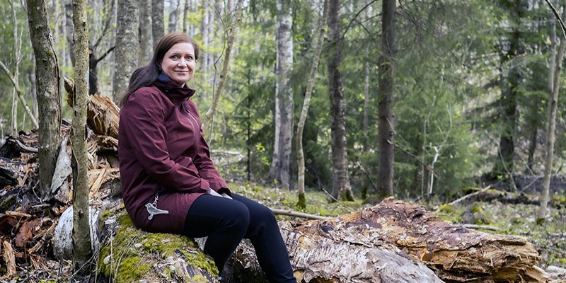 Mari Lilja istuu lahopuun päällä metsässä.