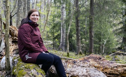 Mari Lilja istuu lahopuun päällä metsässä. 

