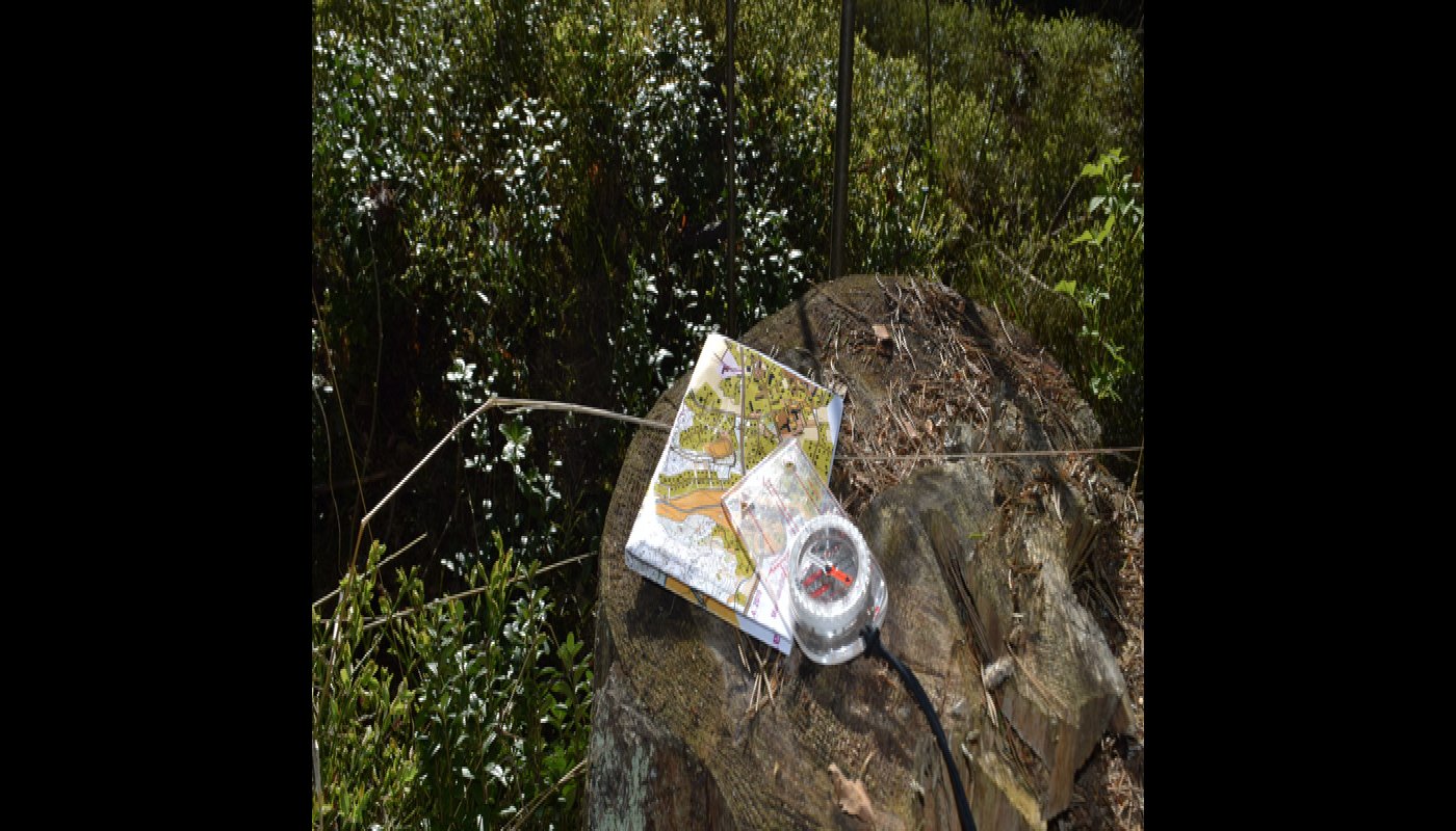 Kartta ja kompassi kannon päällä