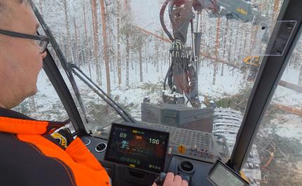 Hakkuukoneen ohjaamosta kuvaa. Kone kaataa puuta talvisessa metsässä.  
