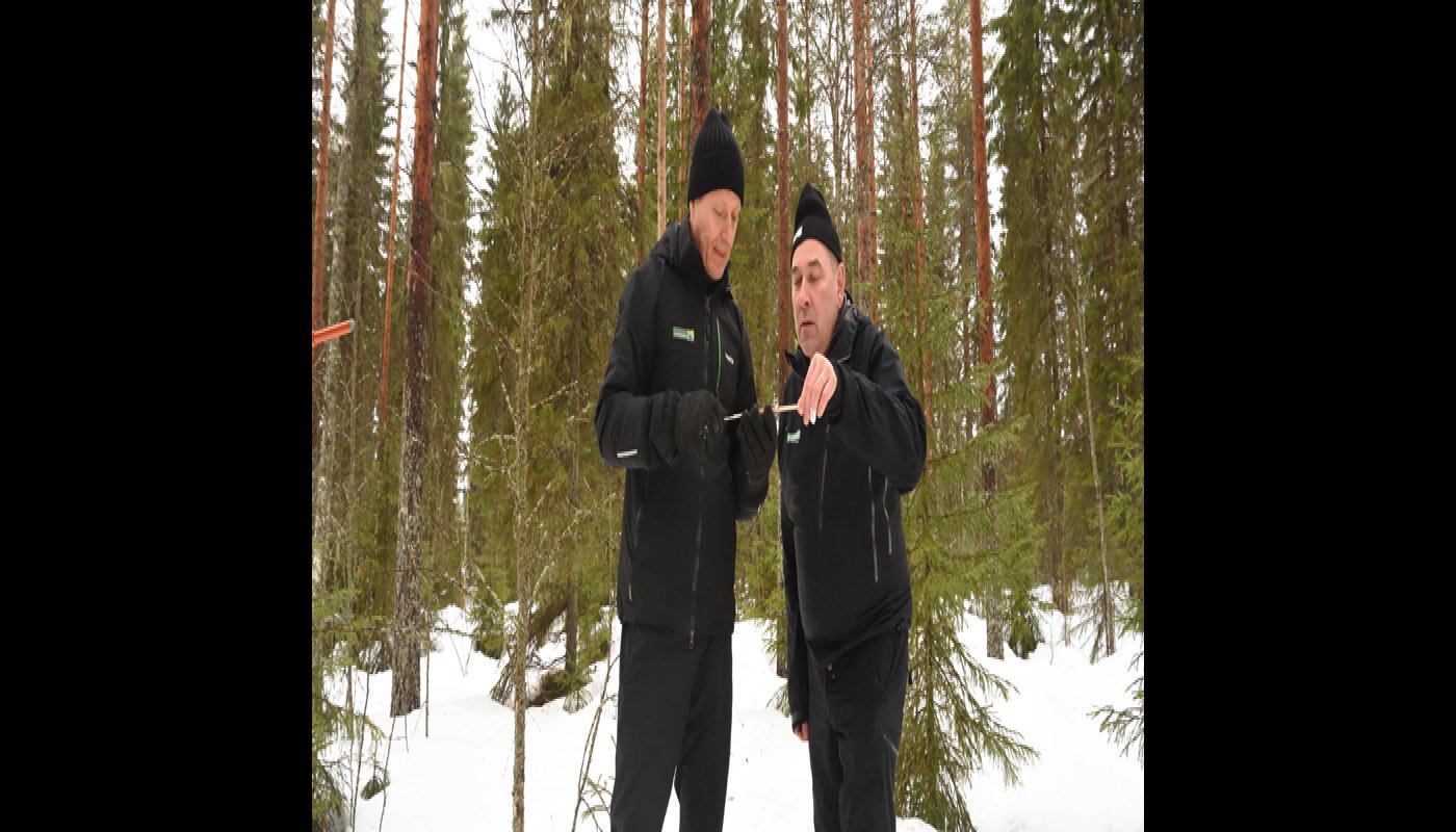 Metsänhoidon johtava asiantuntija Markku Remes ja metsänomistaja Ari Sirviö katselevat yhdessä puun lustonäytettä, joka on otettu tuhkalannoitetusta metsästä. 