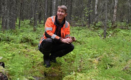 Jussi Vatanen on kyykistyneenä metsässä olevan lähteen vieressä. 