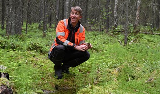 Jussi Vatanen on kyykistyneenä metsässä olevan lähteen vieressä. 