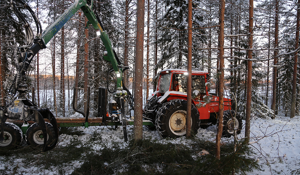 Metsätraktori ja perävaunu, jossa on kuormain töissä talvisessa metsässä.