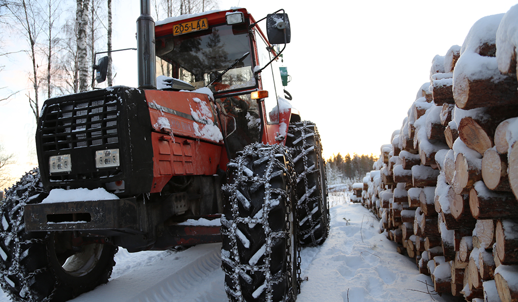 Punainen metsätraktori, jossa on lumiketjut, on puunvarastointipaikalla. 