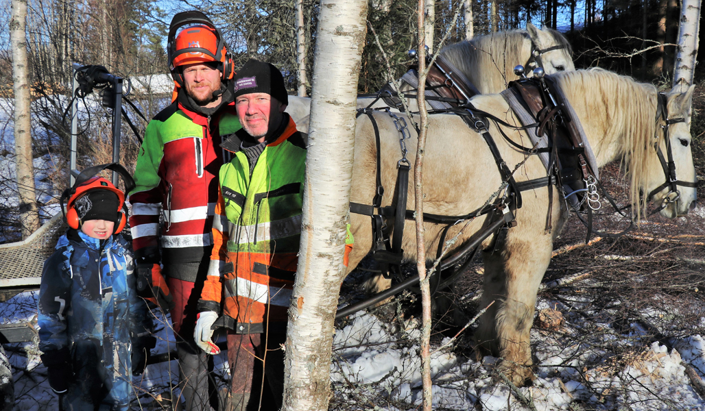 Kuvassa Joonatan-poika, hevosmetsuri Miika Åfelt ja metsuri Peter Ekholm. 