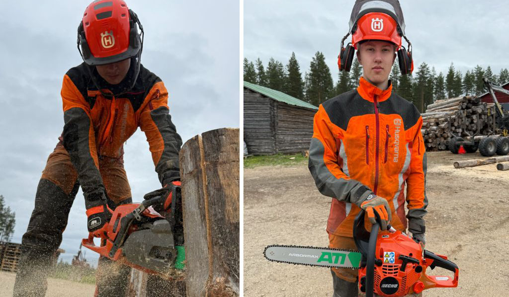 Juho Kemppainen sahaa jätkänkynttilää ja viereisessä kuvassa katsoo kameraan.