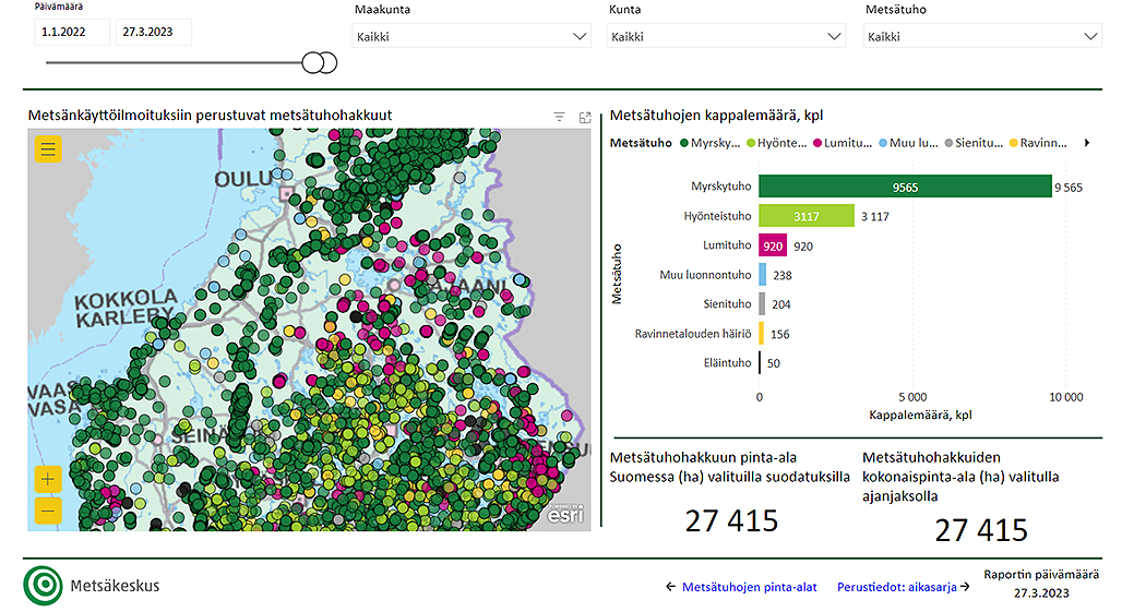 Kuvakaappaus Metsätuhohakkuut-karttapalvelusta. Kartalla on erivärisiä pisteitä ilmoitetuista hakkuista, joita on aikomus tehdä erilaisten metsätuhojen vuoksi. 