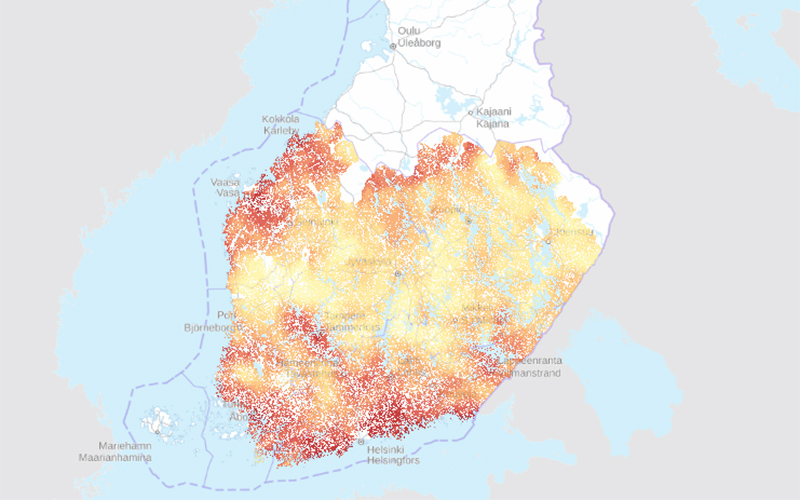 Kuvakaappaus Luonnonvarakeskuksen karttapalvelusta, jossa esitetään juurikäävän leviämisen riskialueita.  