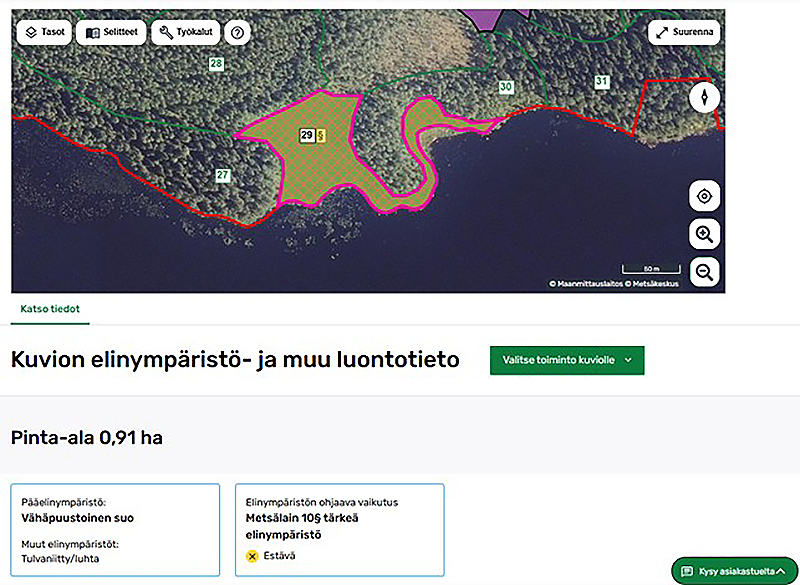 Kuvakaappaus Metsään.fi-palvelusta, jossa näkyy kartta ja tietoa tärkeästä elinympäristöstä. 