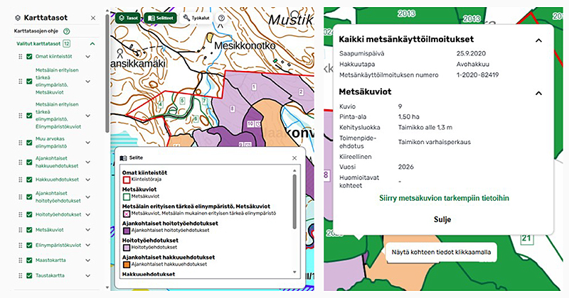 Kuvakaappaus Metsään.fi-palvelusta, jossa näkyy otsikot Karttatasot ja Kaikki metsänkäyttöilmoitukset. 