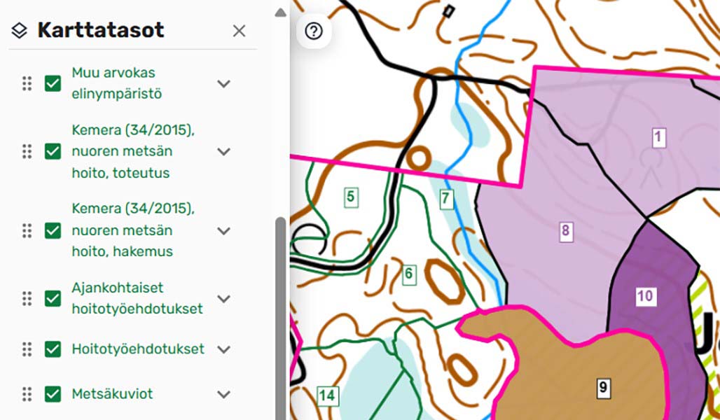Kuvakaappaus Metsään.fi-palvelusta. Kuvassa näkyy palvelun kartan lista karttatasoista.
