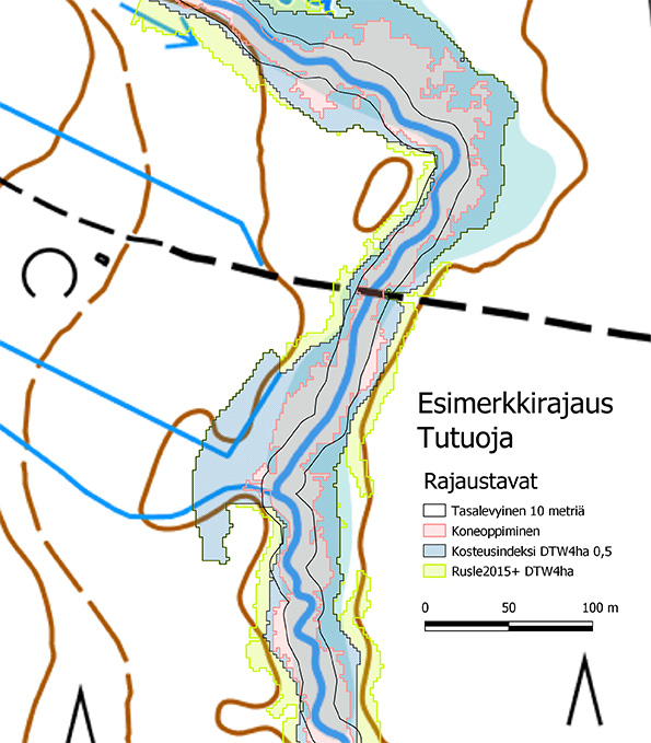 Karttakuvassa on esimerkki suojavyöhykkeen rajauksesta Tutuojan ympärille. Kartalla näkyy tasaleveä rajaus, koneoppimisen avulla tehty rajaus sekä kosteusindeksin ja Rusle-mallin avulla tehdyt rajaukset. 