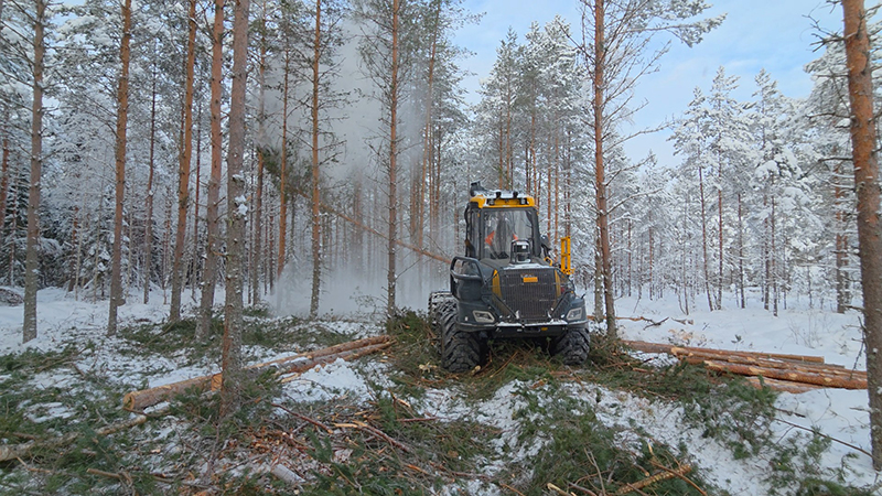 Hakkuukone talvisessa metsässä