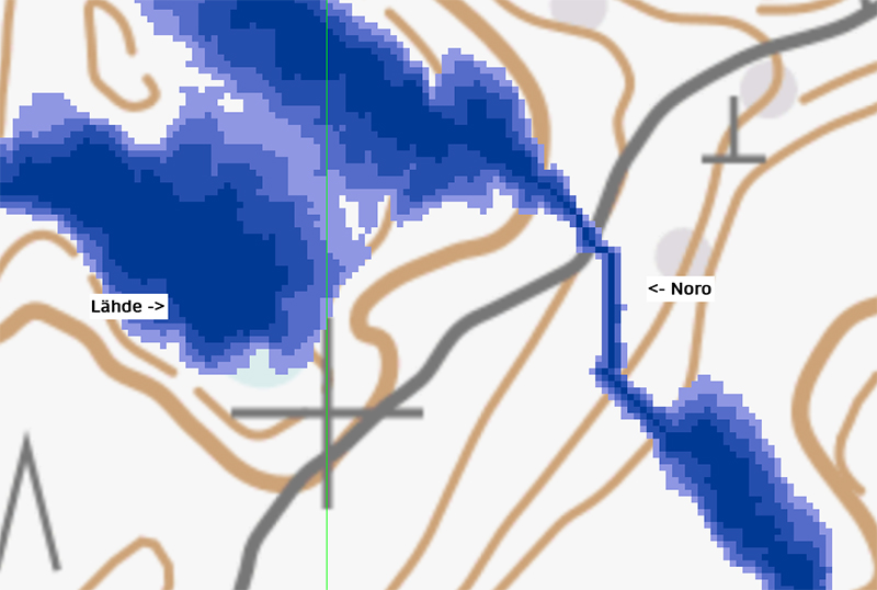 Kuvakaappaus kosteusindeksikartasta, jossa erottuu noro.