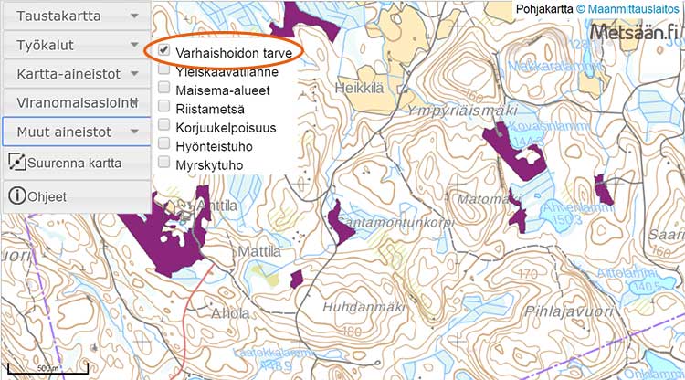 Kuvakaappaus Metsään.fi-palvelun kartasta, jossa näkyvät varhaishoitoa tarvitsevat taimikot. 