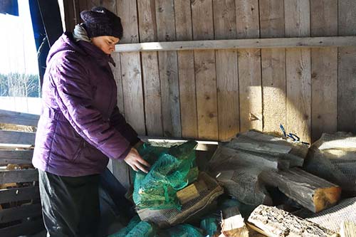 Anne Säteri laittaa puuvarastossa koivuklapeja verkkosäkkiin. 